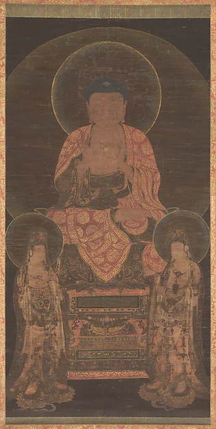 Goryeo painting of a seated Amitabha above two standing bodhisattvas, with fine gold patterns on their robes