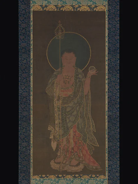 Goryeo scroll of Jijang as a standing monk-like figure holding a tall staff and a round jewel, surrounded by a textile mounting